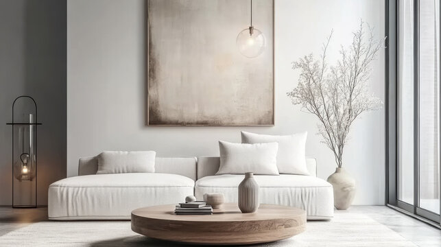 Minimalist and boho style interior design with modern living room and white sofa