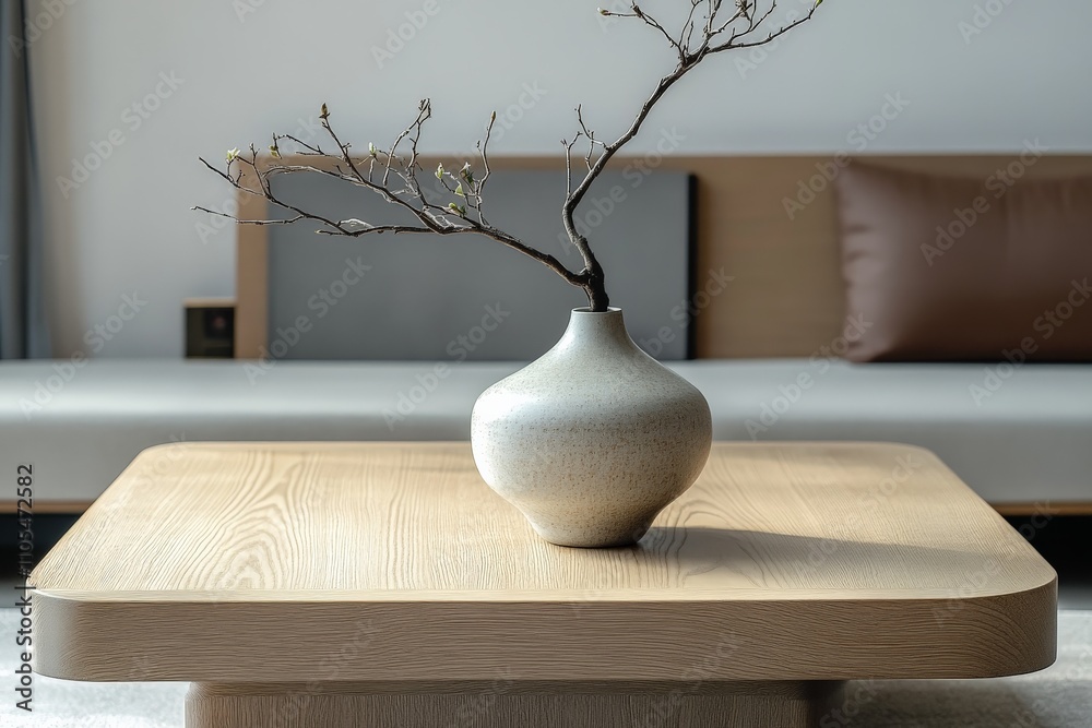 Aufkleber A harmonious modern interior setting featuring a simple vase with branches set on a stylish wooden table, with soft hues and natural light creating a tranquil atmosphere.
