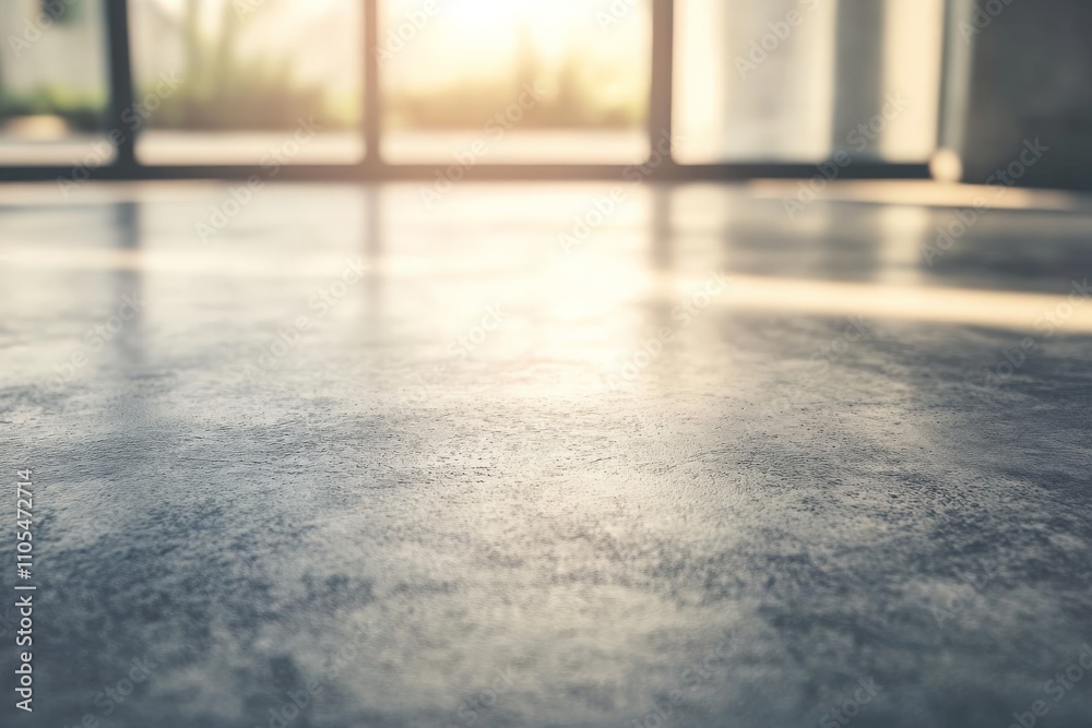 Poster a smooth concrete floor receives sunlight streaming through large windows, emphasizing its natural t