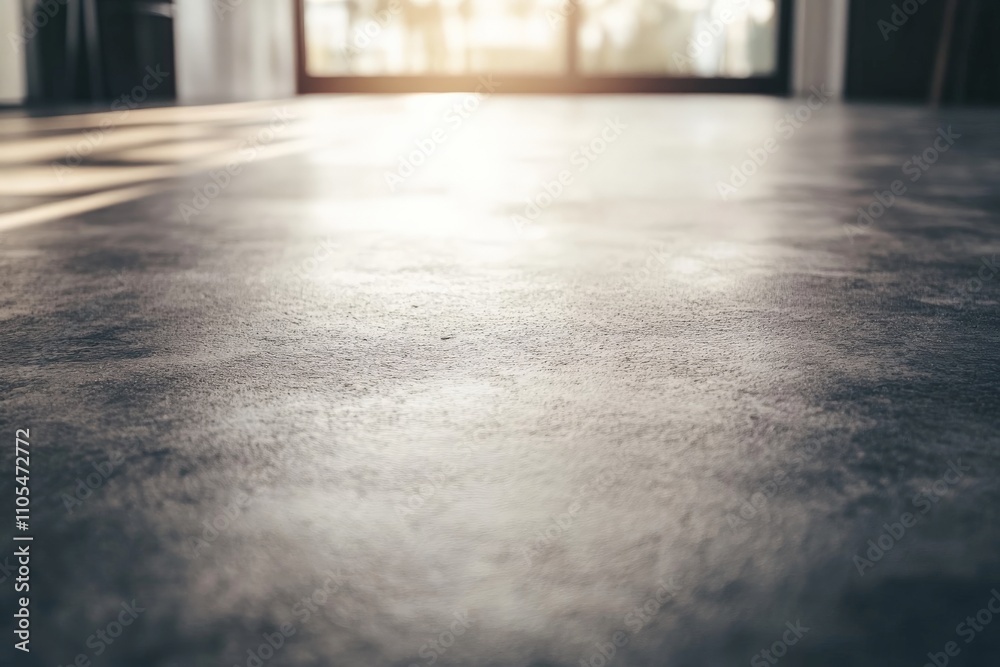 Poster a large window illuminates a textured concrete flooring in a spacious indoor setting, highlighting t