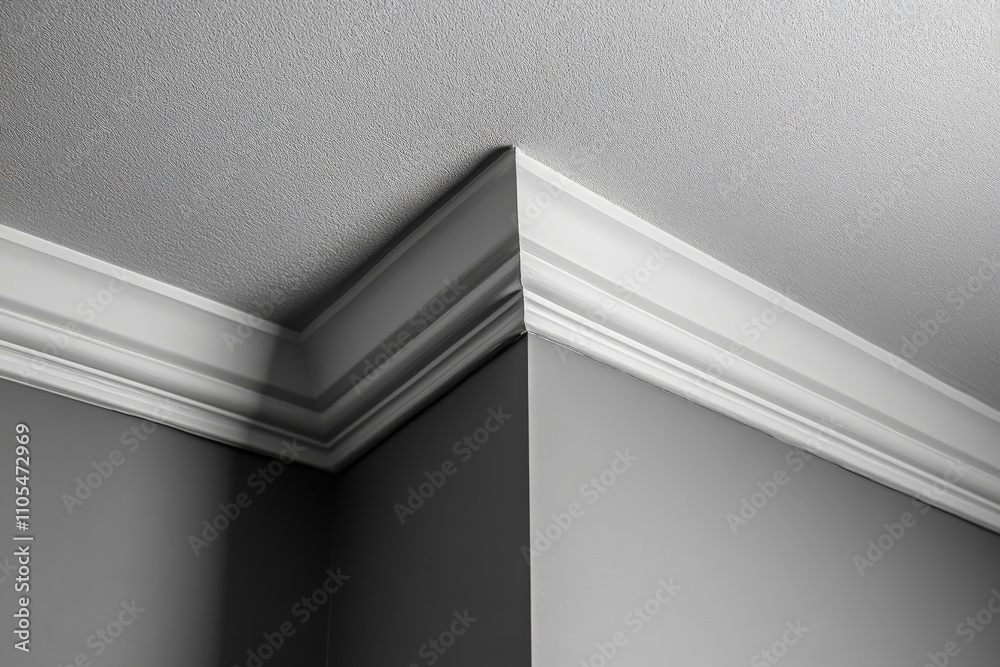 Poster a minimalist interior corner features smooth, white crown molding, combining modern simplicity with 