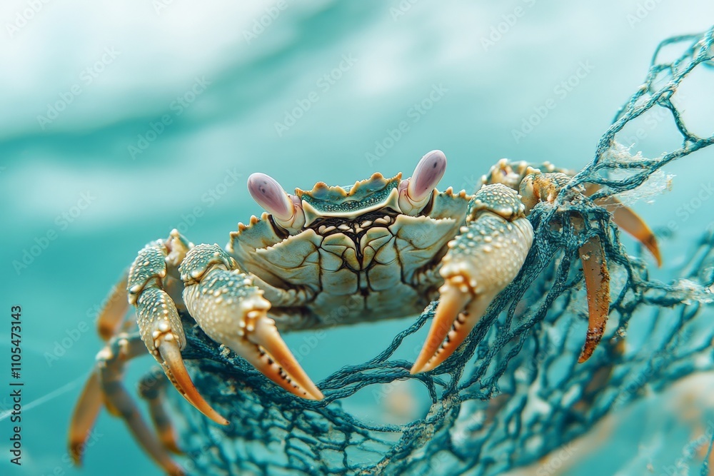 Poster close-up of a crab caught in a fishing net, swimming underwater with its distinctive claws visible, 