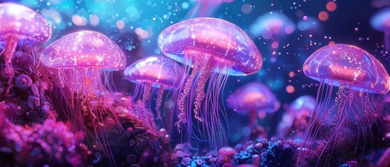 Vibrant jellyfish display in an underwater city ocean digital art colorful fantasy