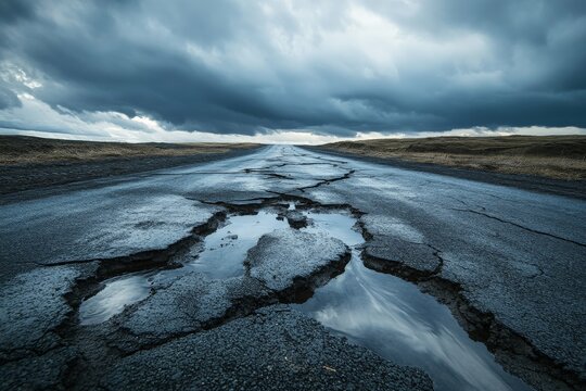 A dramatic landscape featuring a cracked and weathered road surrounded by expansive fields under brooding skies, conveying feelings of isolation and nostalgia. - Powered by Adobe