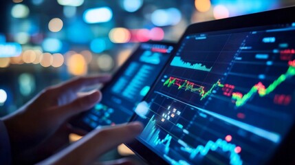 Two business colleagues discussing innovative ideas while reviewing stock market updates on a tablet