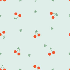 Seamless pattern of cherry fruit with heart shape leaves on green background vector.