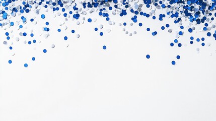Silver and blue confetti dots scattered lightly on a frosty white background, with an open space in the center for writing