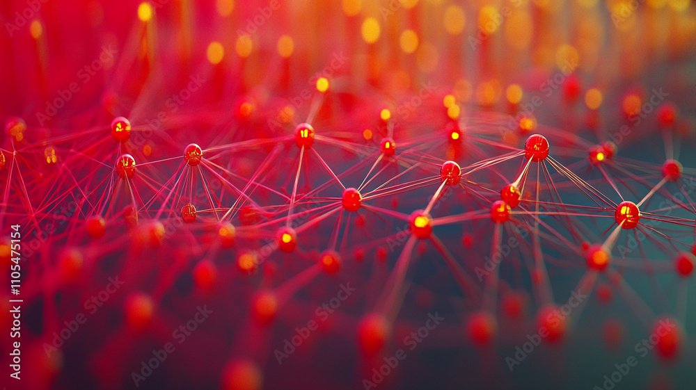 Poster colorful abstract network of interconnected nodes and lines exhibiting dynamic patterns