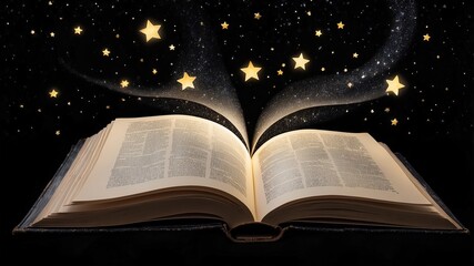 an open book with a glowing light coming out of it's pages and stars in the sky above it, on a black background with a black background of stars and a black background.
