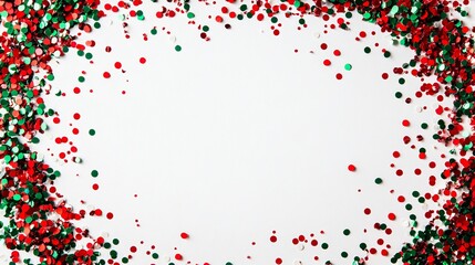 Tiny red and green confetti pieces scattered along the edges of a soft white background, leaving a blank center for holiday greetings