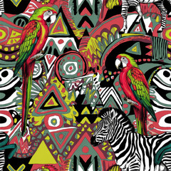 Obraz premium pattern with birds zebra and flowers tropical