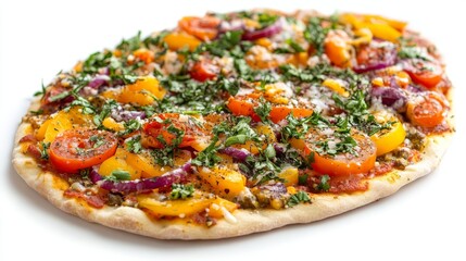 Vegetarian pizza with thin, crispy crust and evenly spread colorful toppings, clean white isolation,