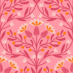 Folk floral Damascus seamless pattern. Traditional slavic scandinavian ornament with rustic embroidery motifs. Clean flat minimal geometric shapes in unique reflected elegant print.