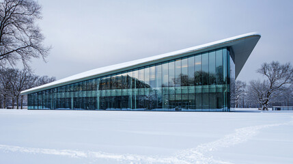 Obraz premium A modern glass building with snow accumulating on its sharp edges, reflecting the winter sky.