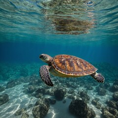 Fototapeta premium A serene sea turtle gliding through crystal-clear waters.