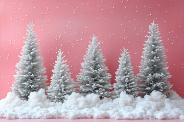 Obraz premium Pink background with snow-covered trees.