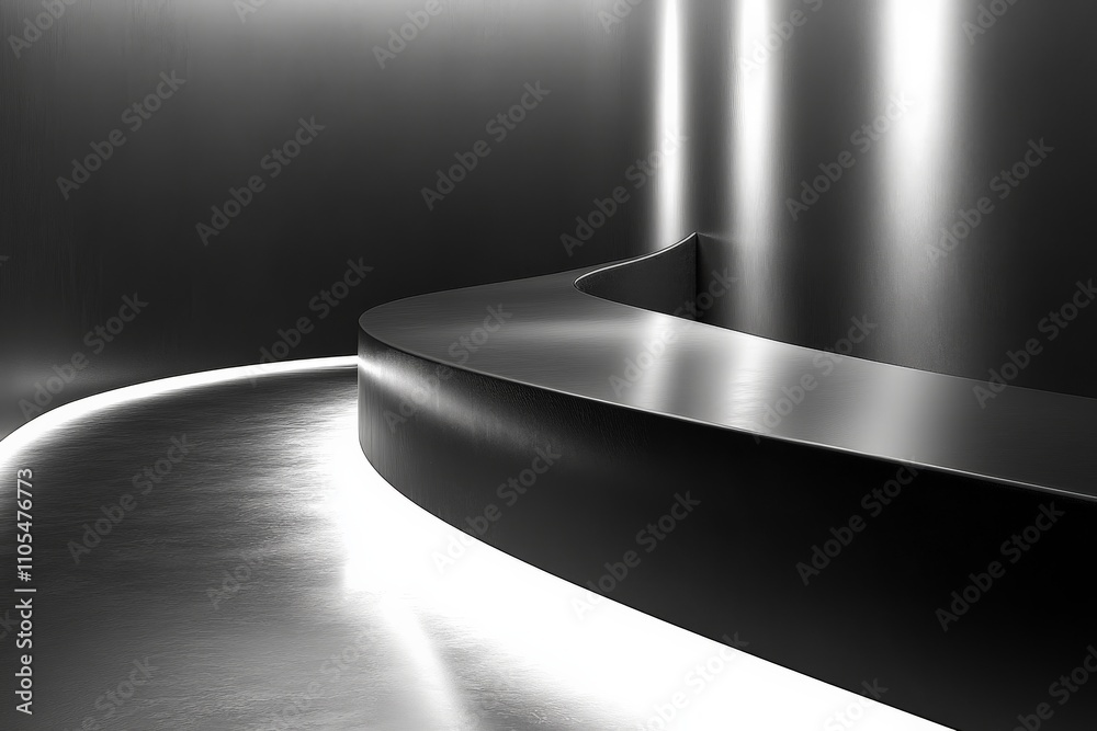 Poster a minimalist black and white art installation features curved geometric elements in a contemporary s