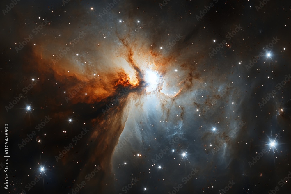 Poster a celestial scene featuring a vibrant nebula with striking hues of orange and blue, surrounded by sp