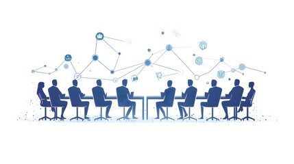 A logo depicting silhouettes of people in business attire sitting around an office table, with the silhouette outline filled by lines and dots representing network connections