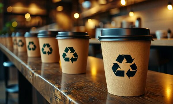 A row of recyclable coffee cups on a wooden counter.