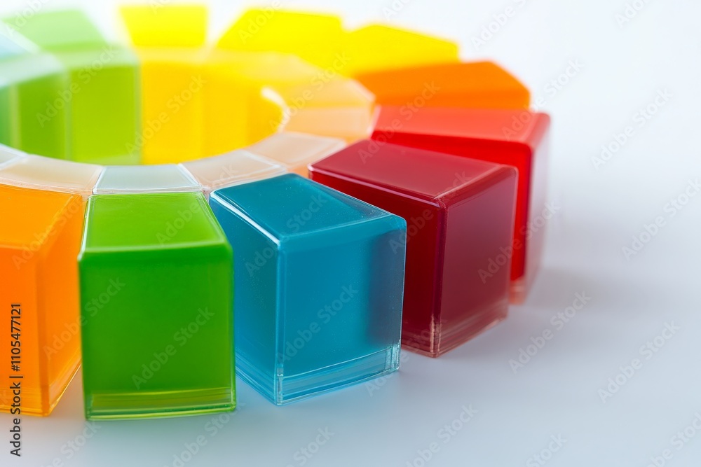 Fototapete A vibrant collection of transparent colorful blocks arranged in a circular pattern, capturing the essence of spectrum and light play, ideal for creative projects.