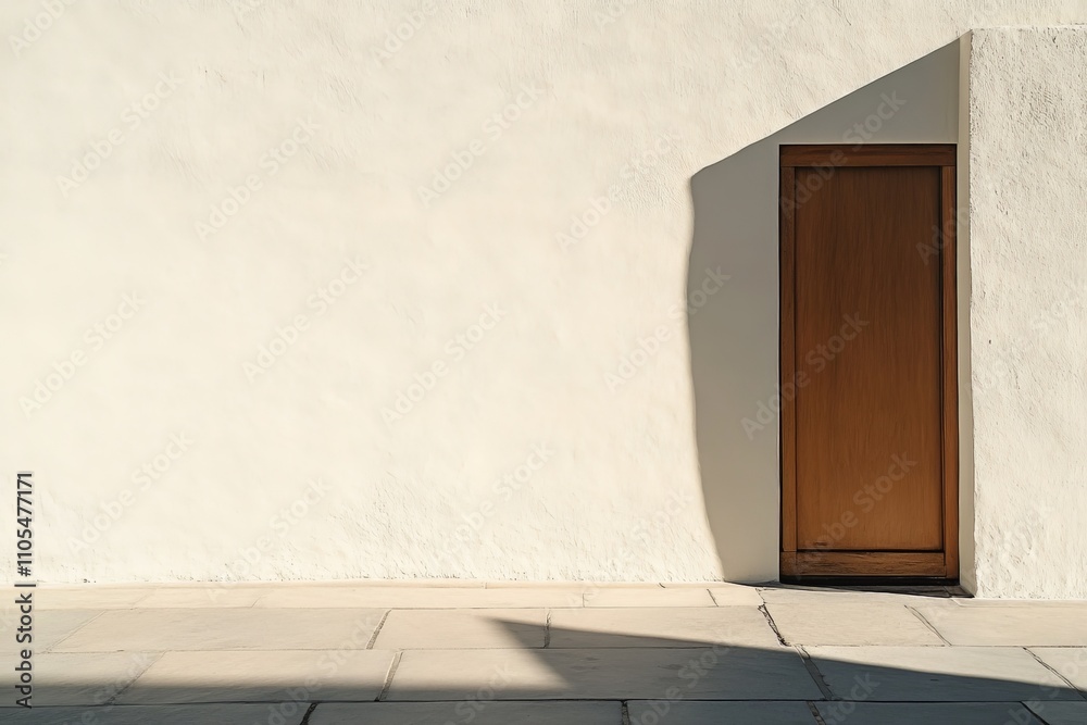 Poster a minimalist scene featuring a wooden door against a plain wall, with sharp shadows cast from sunlig