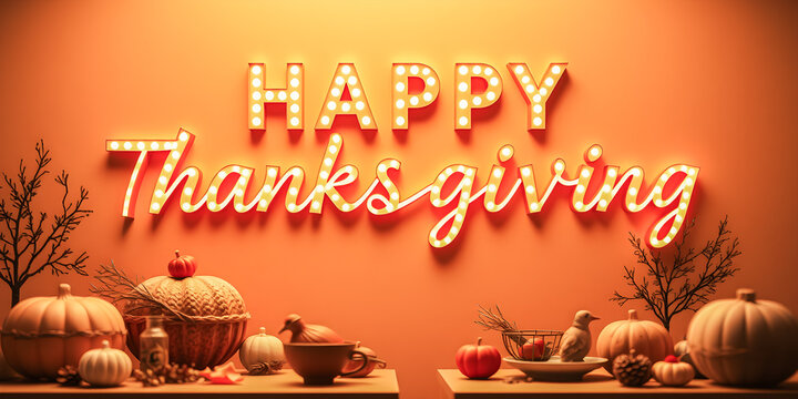 Golden illuminating holiday text with Happy Thanksgiving on flat lay background. Winter holiday seasonal banner with copy space and pumpkins leaves decorations design banner. Ai generated