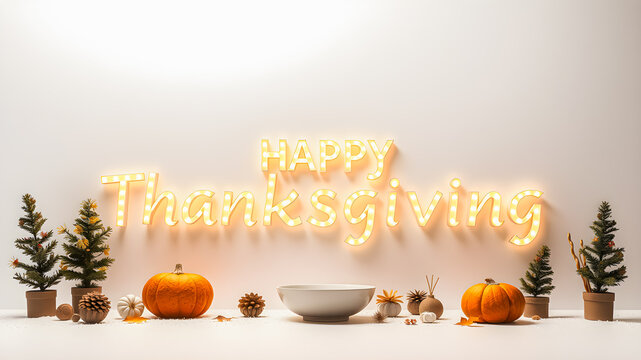 Golden illuminating holiday text with Happy Thanksgiving on flat lay background. Winter holiday seasonal banner with copy space and pumpkins leaves decorations design banner. Ai generated