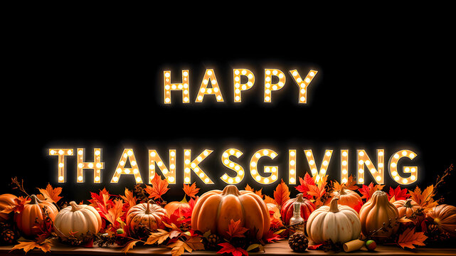 Golden illuminating holiday text with Happy Thanksgiving on flat lay background. Winter holiday seasonal banner with copy space and pumpkins leaves decorations design banner. Ai generated