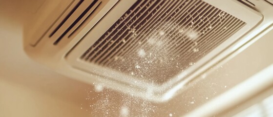 Air filter cover with dust, polluted air affecting room, particles floating visibly, air quality poor and unhealthy.