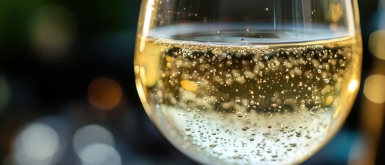Elegant close-up of sparkling water droplets on a glass, bubbles forming, light reflections, crisp fresh appearance