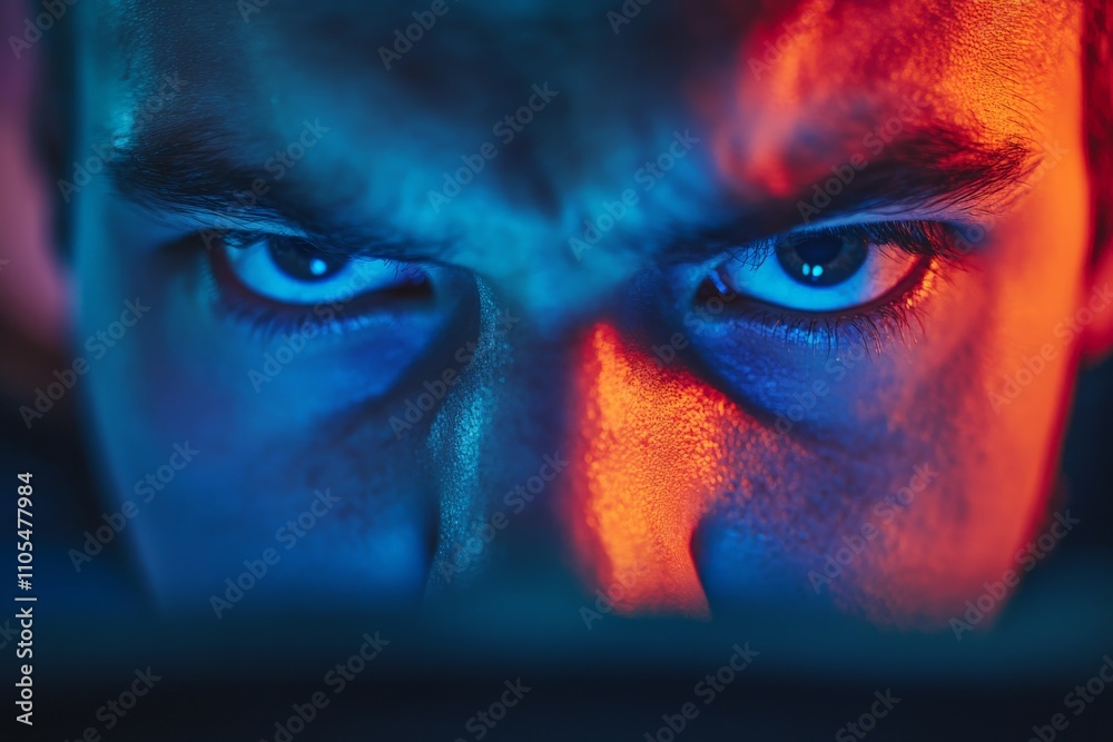 Poster close-up of a person with a striking, colorful gaze under dynamic lighting effects, evoking intensit