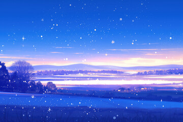 Naklejka premium winter landscape with sunrise and snowflakes 