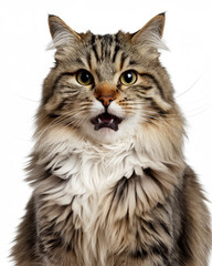 Fototapeta premium Surprised cat with wide eyes and perked ears, isolated on a white background, capturing a playful and expressive moment, ideal for pet, animal, and humorous themes.
