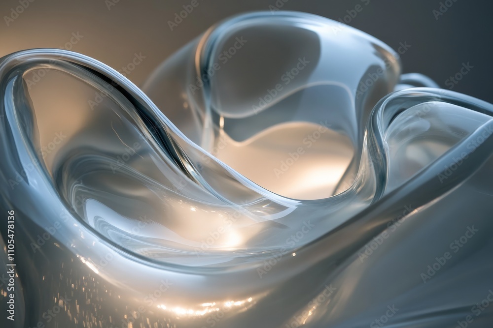 Poster an image of elegant curving glass structures softly lit, evoking a sense of fluidity and modern cont