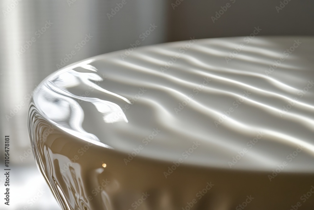 Poster A minimalist abstract design characterized by soft, wavy patterns on a glossy white tabletop surface, reflecting light and shadows to create a serene visual experience.