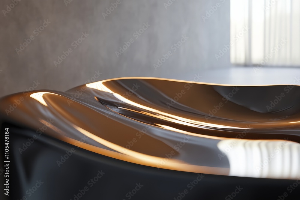 Poster This image showcases an elegant bronze sculpture with a reflective surface, highlighting its smooth curves and a play of light and shadow on its metallic finish.