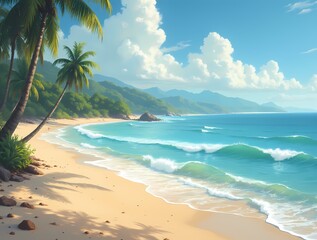 A serene and idyllic beach scene where the warmth of a summer day is palpable in every detail