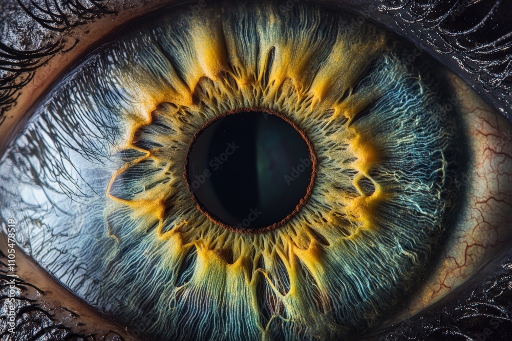Aufkleber an incredibly detailed eye showcasing a mesmerizing blue iris with vivid yellow accents, creating a 