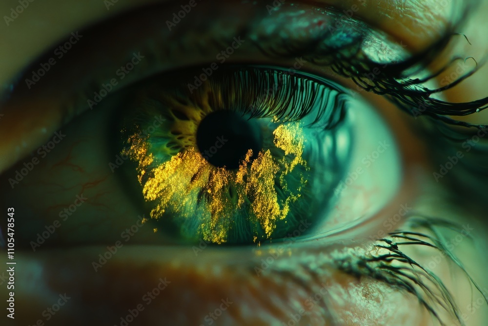 Poster A close-up of an eye with vibrant green colors and intricate golden patterns that resemble abstract flames, evoking a sense of wonder and imagination.