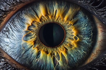 An incredibly detailed eye showcasing a mesmerizing blue iris with vivid yellow accents, creating a striking visual effect that captures attention and imagination.