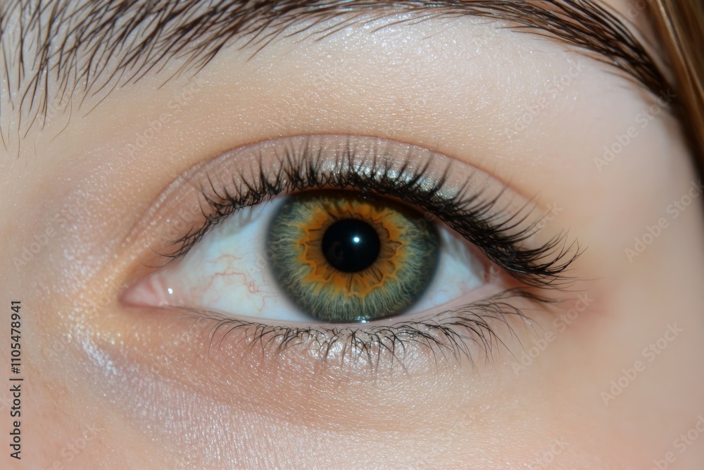 Poster a striking close-up of a person's green eye, showcasing the intricate patterns of the iris and detai
