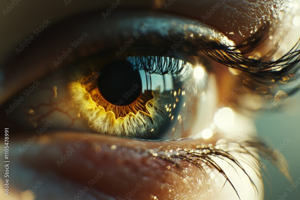 Poster an extreme close-up captures the reflection of the surroundings in a person's eye, showing the light