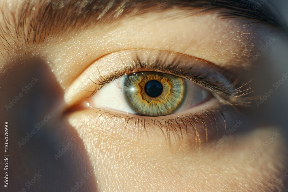 Poster A mesmerizing close-up of an eye highlighted by golden sunlight, revealing intricate patterns in the iris and fine eyelashes, evoking warmth and introspection.
