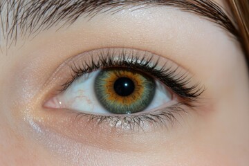 Obraz premium A striking close-up of a person's green eye, showcasing the intricate patterns of the iris and detailed texture of the eyelashes, highlighting uniqueness and identity.