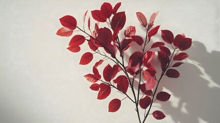 Red Leaf Branch with Shadow on a White Wall, Autumnal Still Life Photography