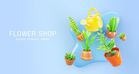 3d flower shop banner. Spring background with green plants in flower pots and yellow watering can on blue water liquid puddle. Florist store poster for online shopping, delivery, sale. 3D illustration