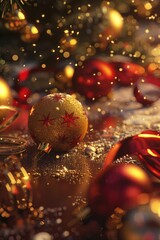 Gold and red ornament sits on a table with other ornaments. The gold ornament has stars on it, and the red ones are shiny. The scene is festive and joyful, with the gold