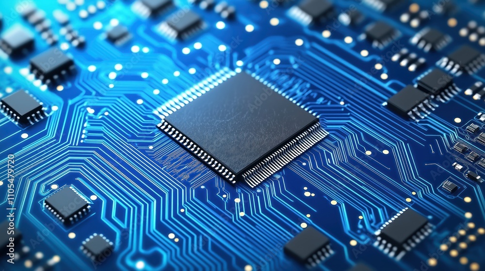 Poster closeup view of intricate circuit board. modern tech components arranged with fine lines. advanced t