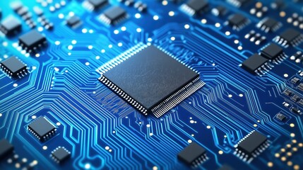 Closeup view of intricate circuit board. Modern tech components arranged with fine lines. Advanced tech future design concept. Complex system of electronic components. Blue, dark gray colors visible.